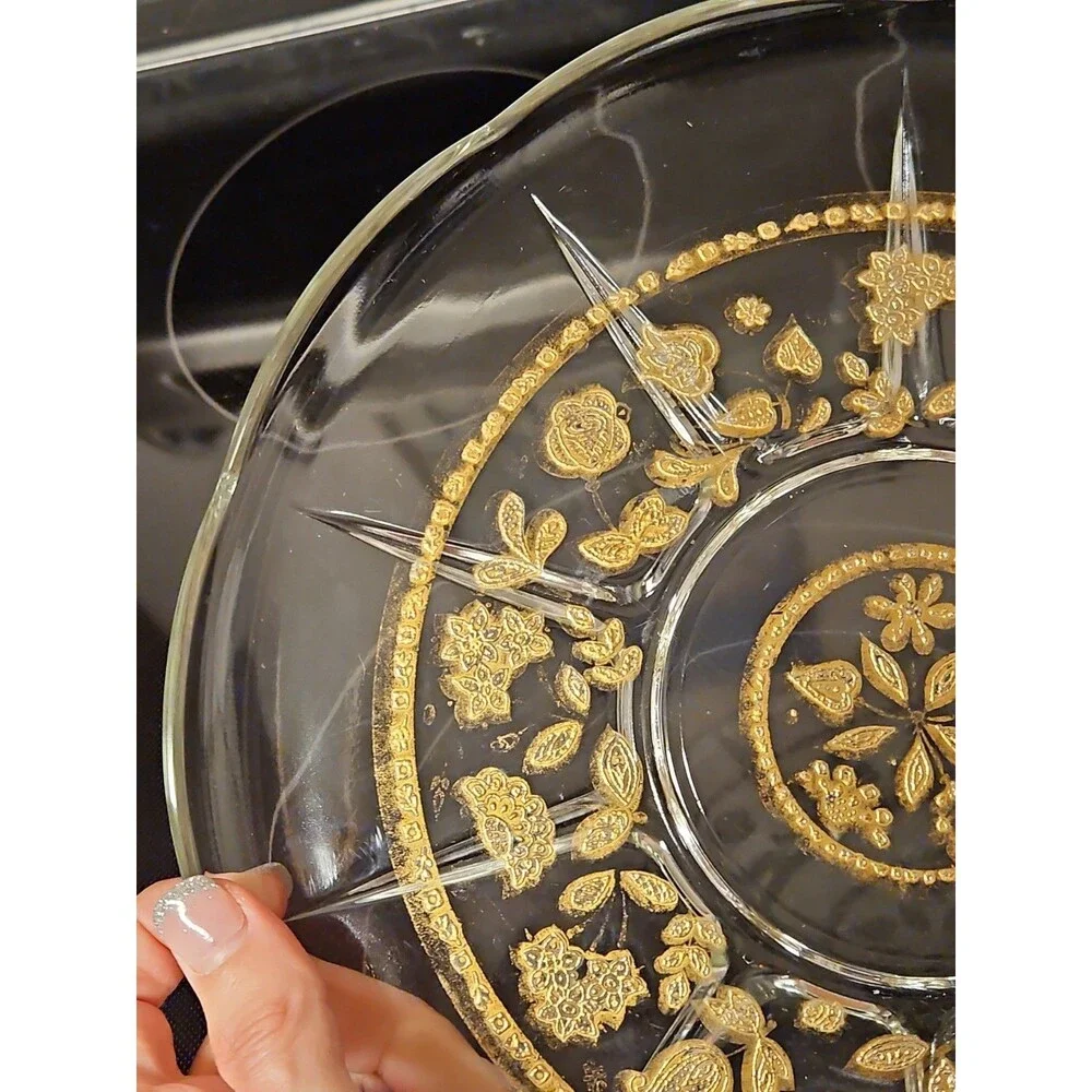 Vintage 1950'S Culver Glass 22K Gold Embossed Serving Plate, 11” Floral Design